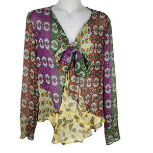 ZARA Top Womens Zodiac Multicolor Printed Boho Blouse XS Bow Tie Crystal Drops